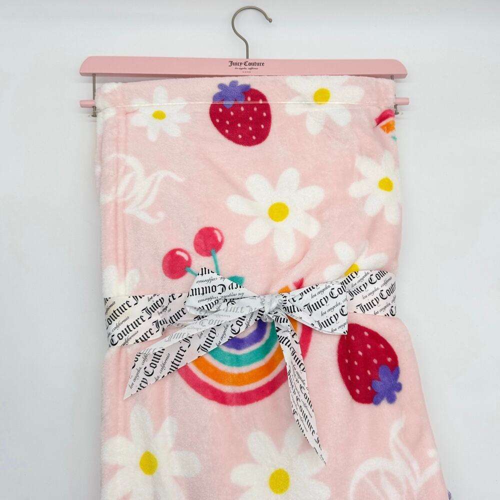 Juicy Couture Pink Plush Throw Blanket Cherry Rainbow Strawberry Flower Sun NEW